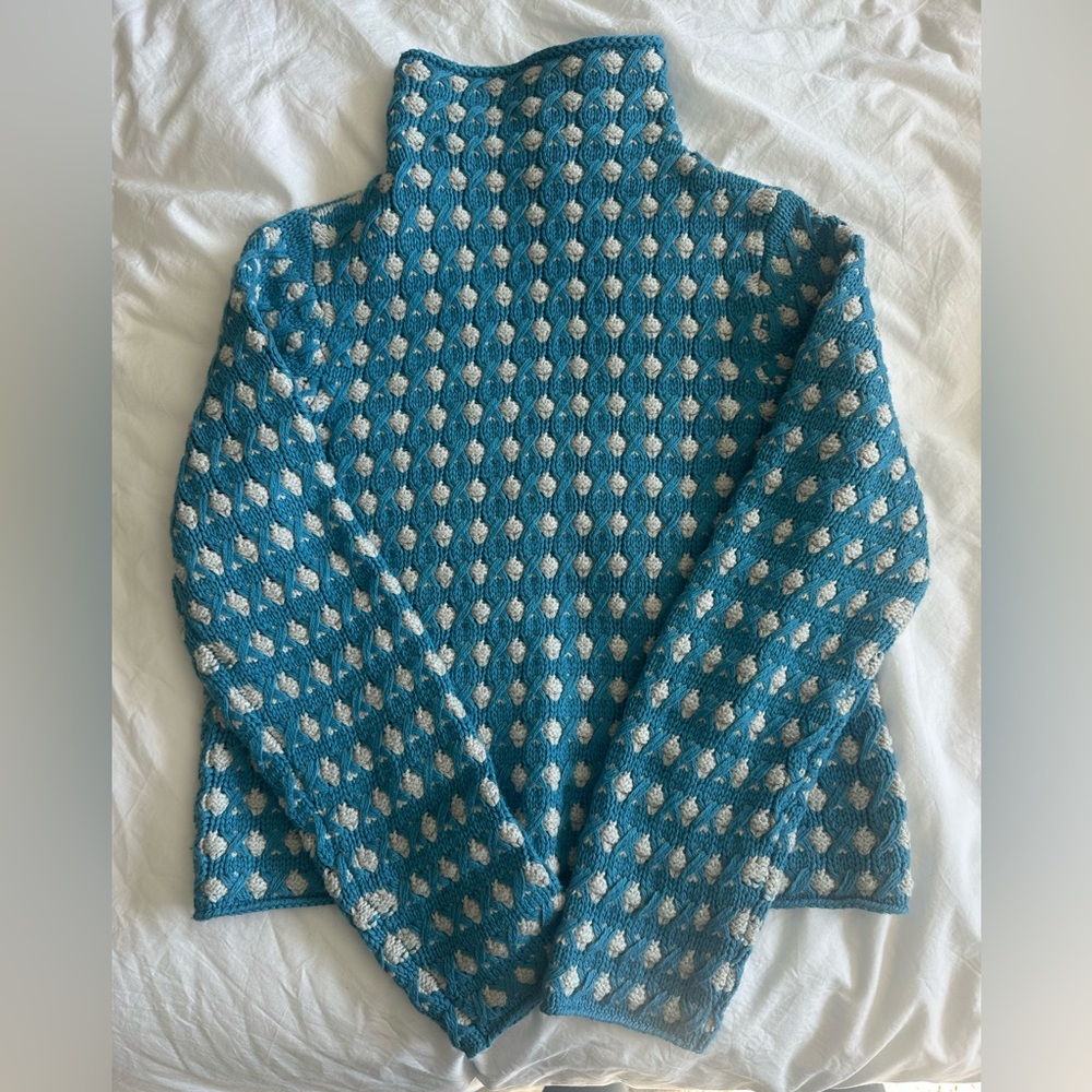 Teal and White Polka Dot Women's Turtleneck Sweater